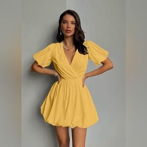 NEW - Yellow V-Neck Puff Sleeve Bubble Hem Mini Dress